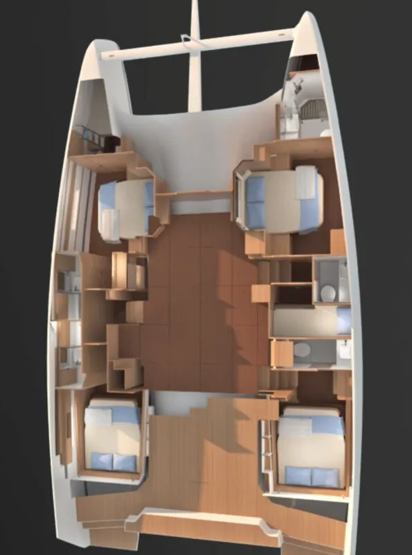 Floor plan of Angela, a Dufour 48 Catamaran catamaran at Salerno, Italy