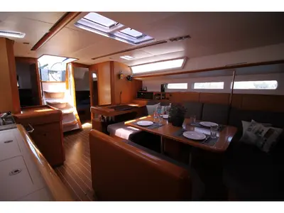 Salon of Lucky Slot, a Jeanneau Sun Odyssey 509 sailboat at Athens, Greece