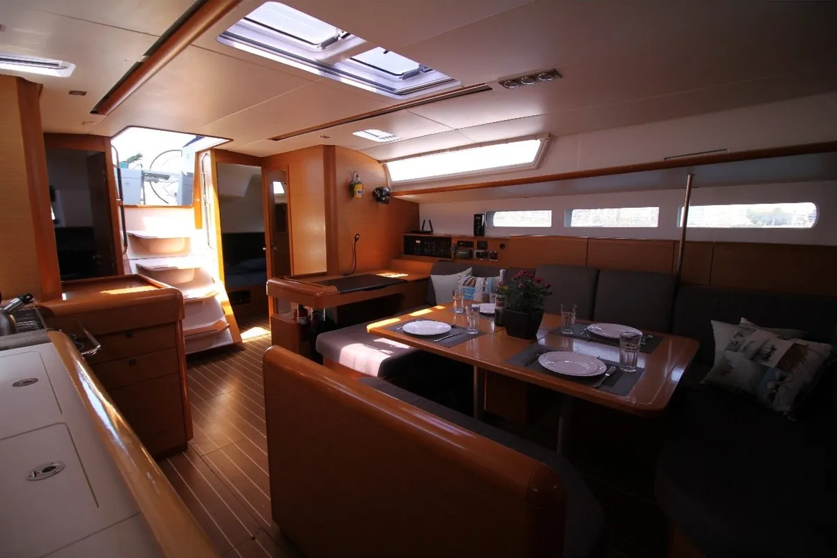 Salon of Lucky Slot, a Jeanneau Sun Odyssey 509 sailboat at Athens, Greece