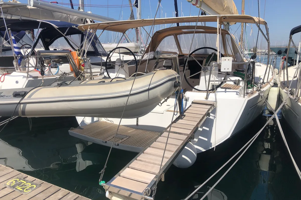 Exterior view of Lucky Slot, a Jeanneau Sun Odyssey 509 sailboat at Athens, Greece