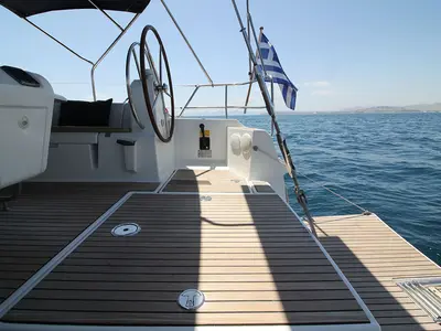 Deck of Lucky Slot, a Jeanneau Sun Odyssey 509 sailboat at Athens, Greece
