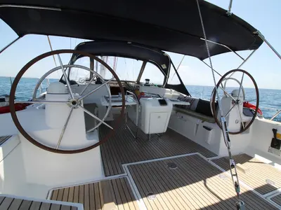 Cockpit of Lucky Slot, a Jeanneau Sun Odyssey 509 sailboat at Athens, Greece