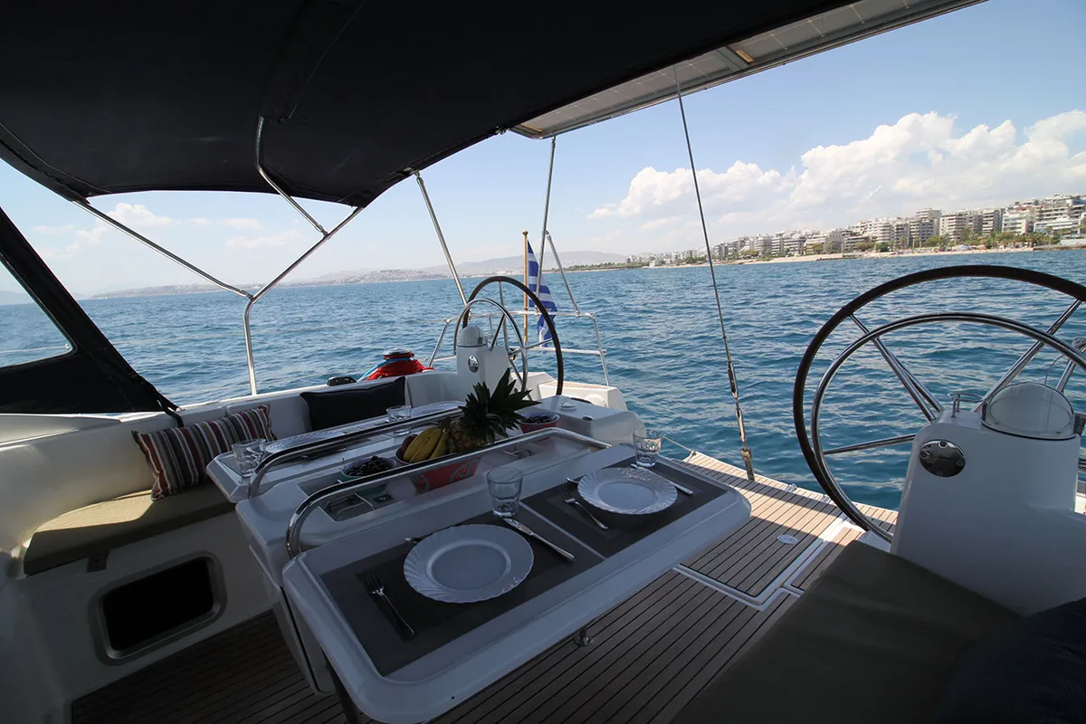 Cockpit of Lucky Slot, a Jeanneau Sun Odyssey 509 sailboat at Athens, Greece