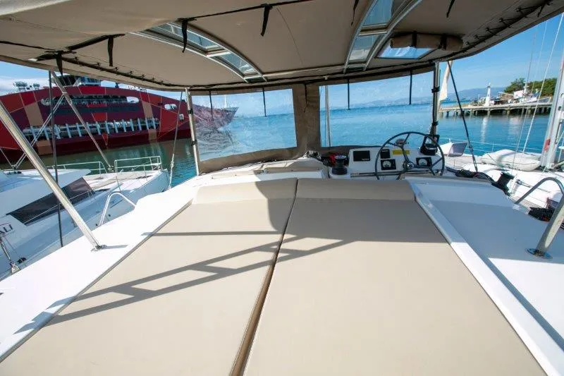Deck of Fortuna II, a Bali 4.1 catamaran at Marpissa, Greece