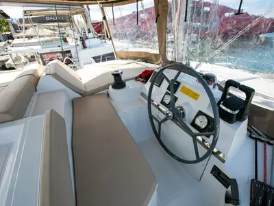 Cockpit of Fortuna II, a Bali 4.1 catamaran at Marpissa, Greece