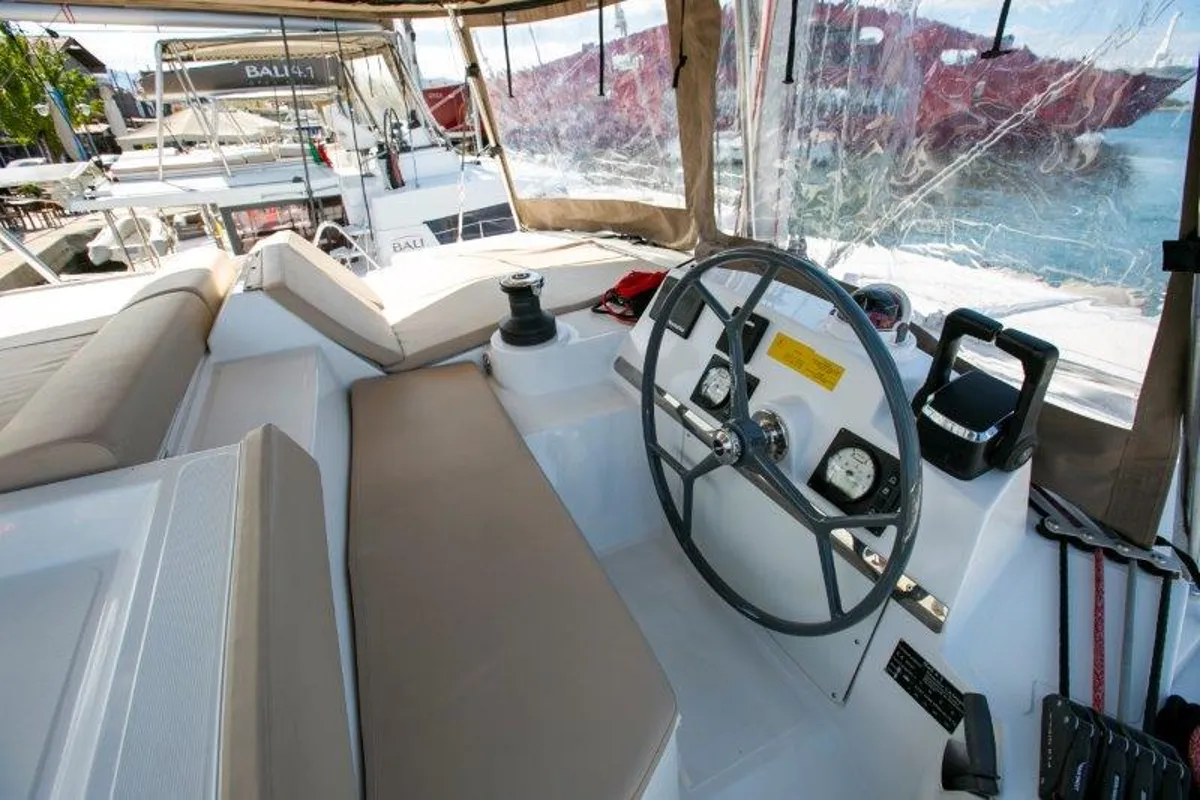 Cockpit of Fortuna II, a Bali 4.1 catamaran at Marpissa, Greece
