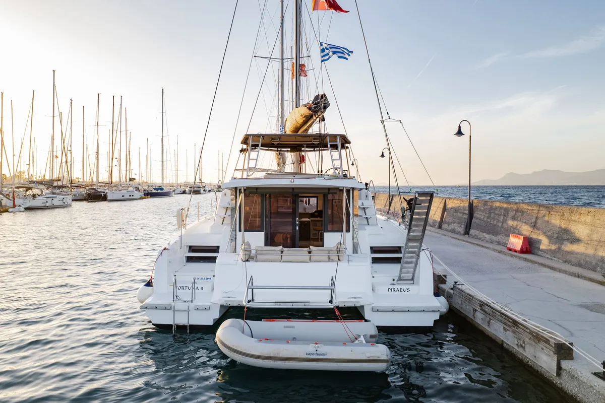 Exterior view of Fortuna II, a Bali 4.1 catamaran at Marpissa, Greece