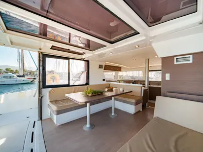 Salon of Fortuna II, a Bali 4.1 catamaran at Marpissa, Greece