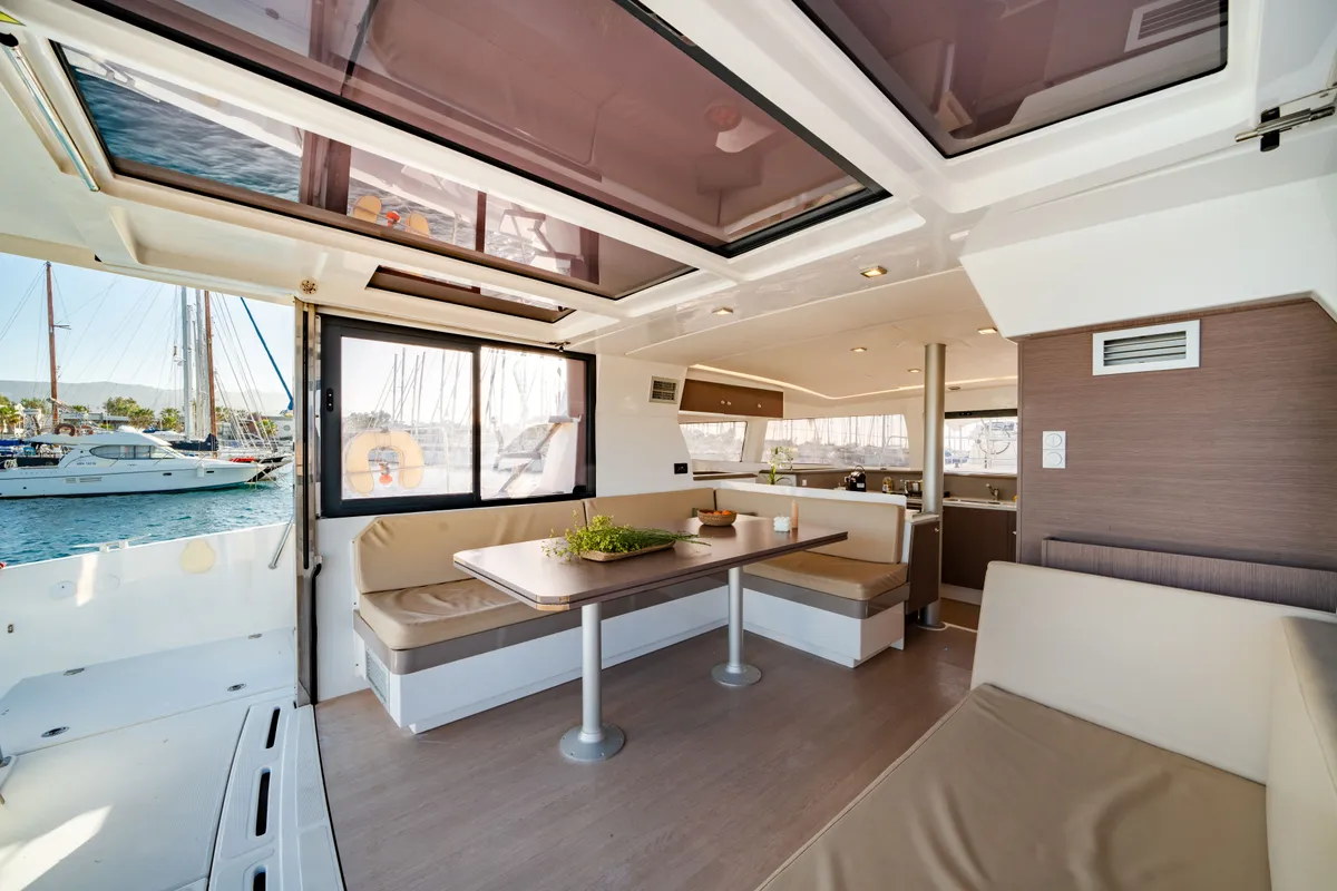 Salon of Fortuna II, a Bali 4.1 catamaran at Marpissa, Greece
