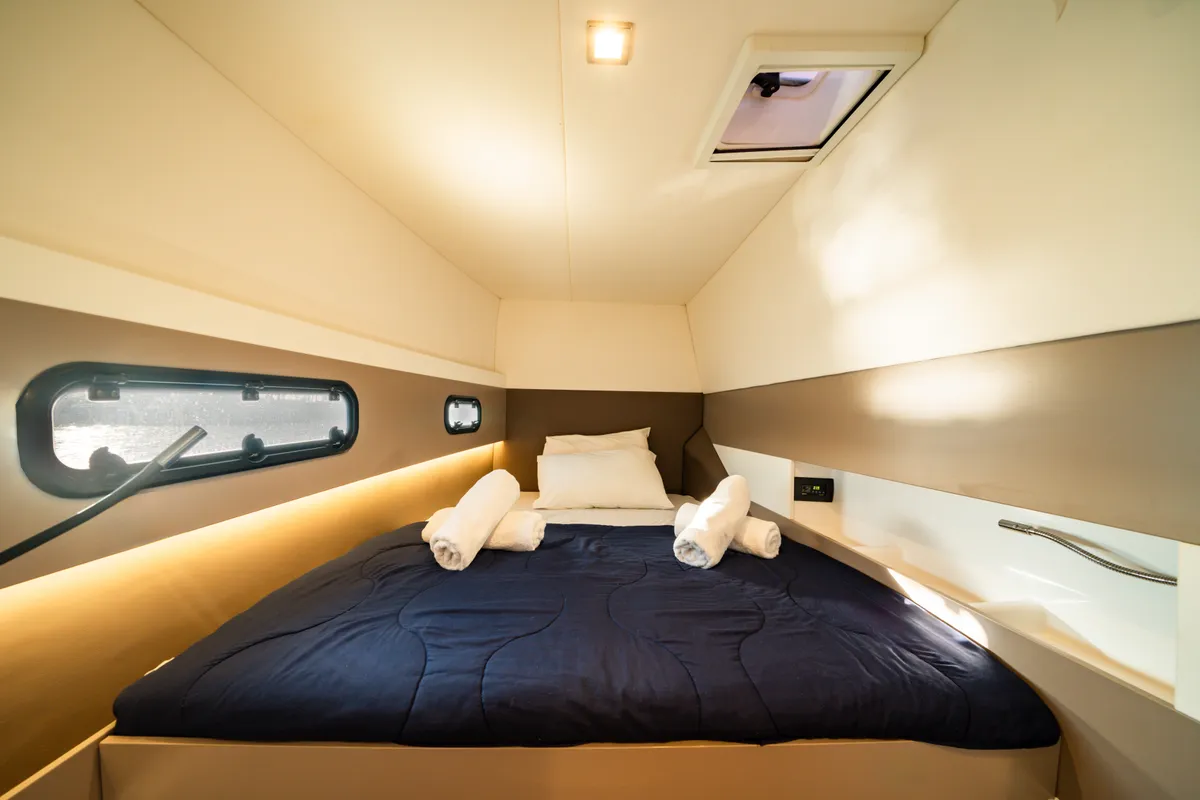 Cabin on Fortuna II, a Bali 4.1 catamaran at Marpissa, Greece