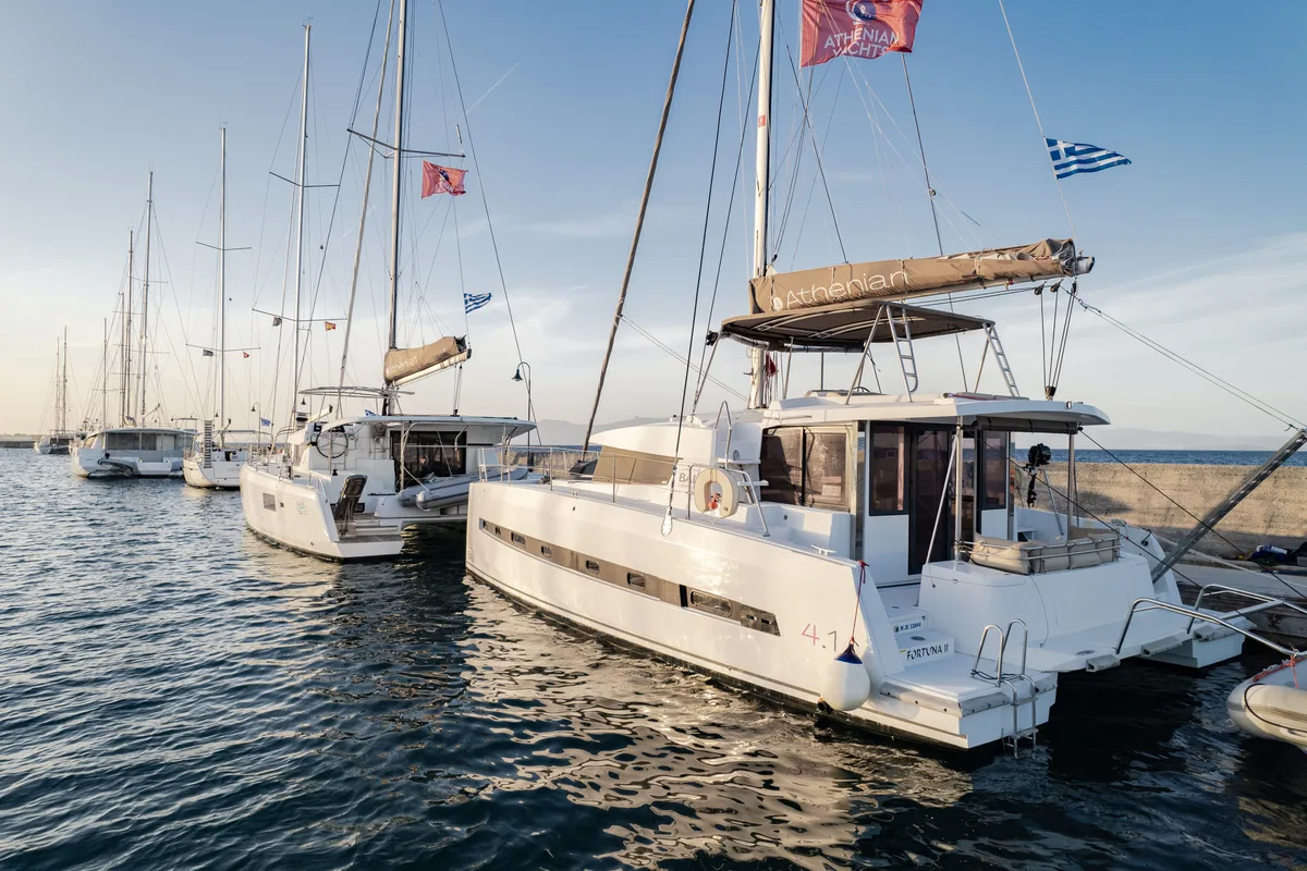 Exterior view of Fortuna II, a Bali 4.1 catamaran at Marpissa, Greece