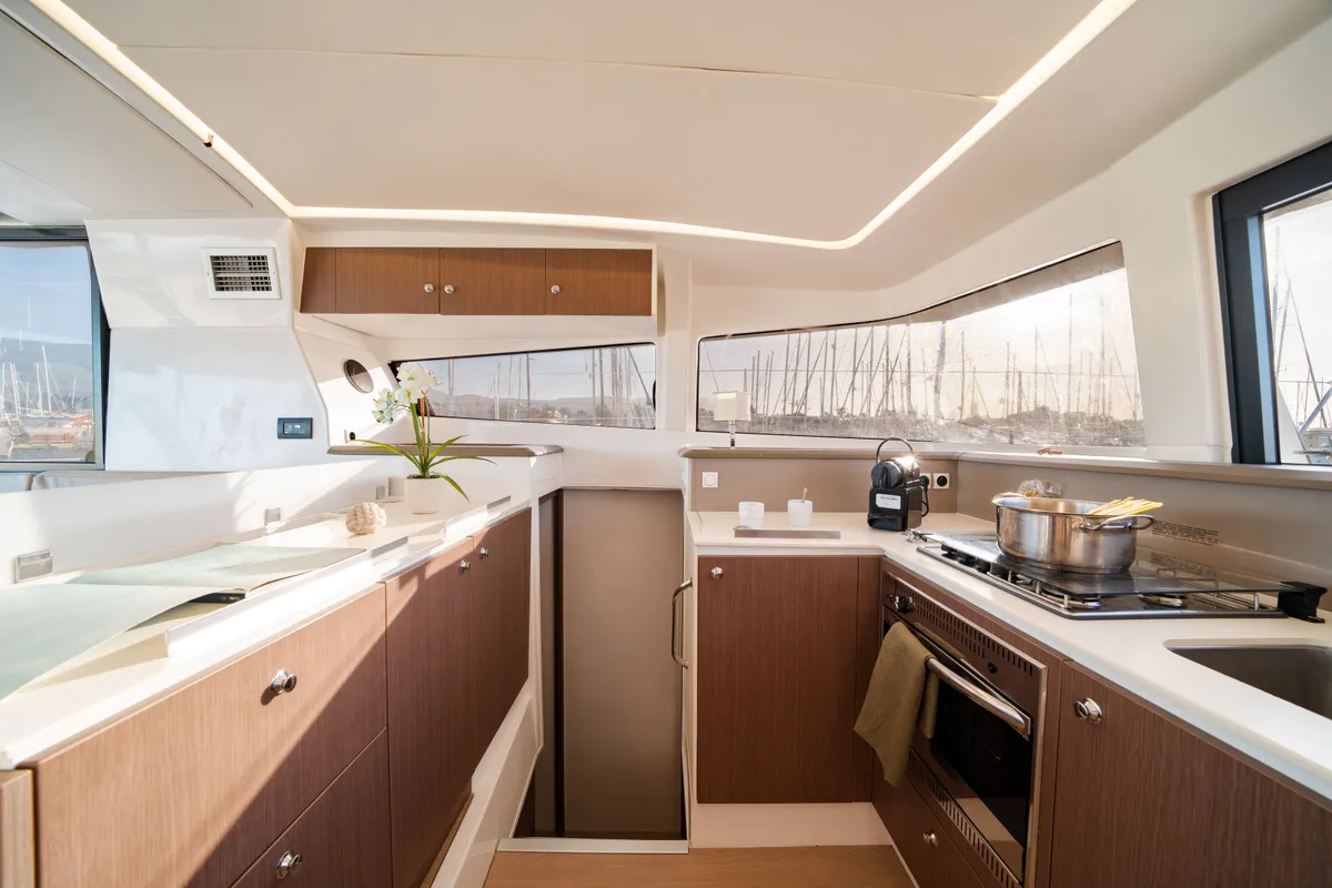 Galley of Fortuna II, a Bali 4.1 catamaran at Marpissa, Greece