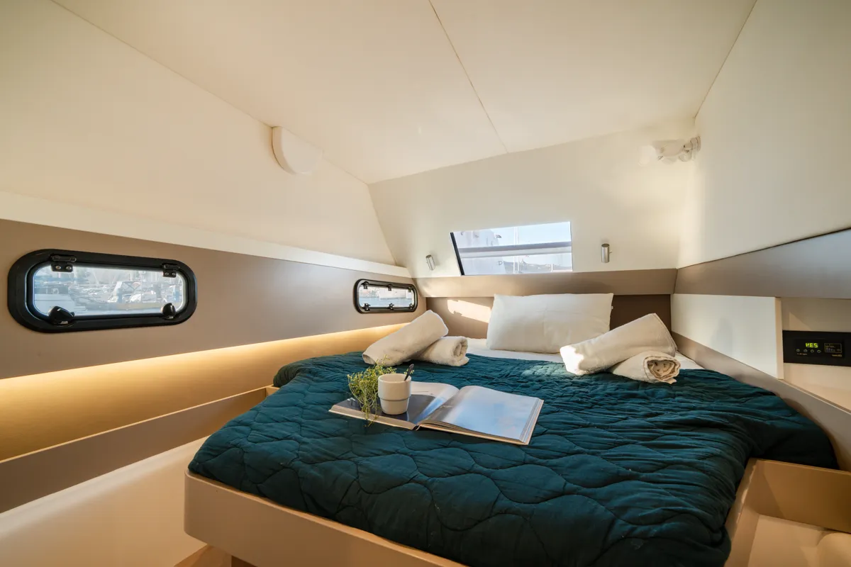 Cabin on Fortuna II, a Bali 4.1 catamaran at Marpissa, Greece