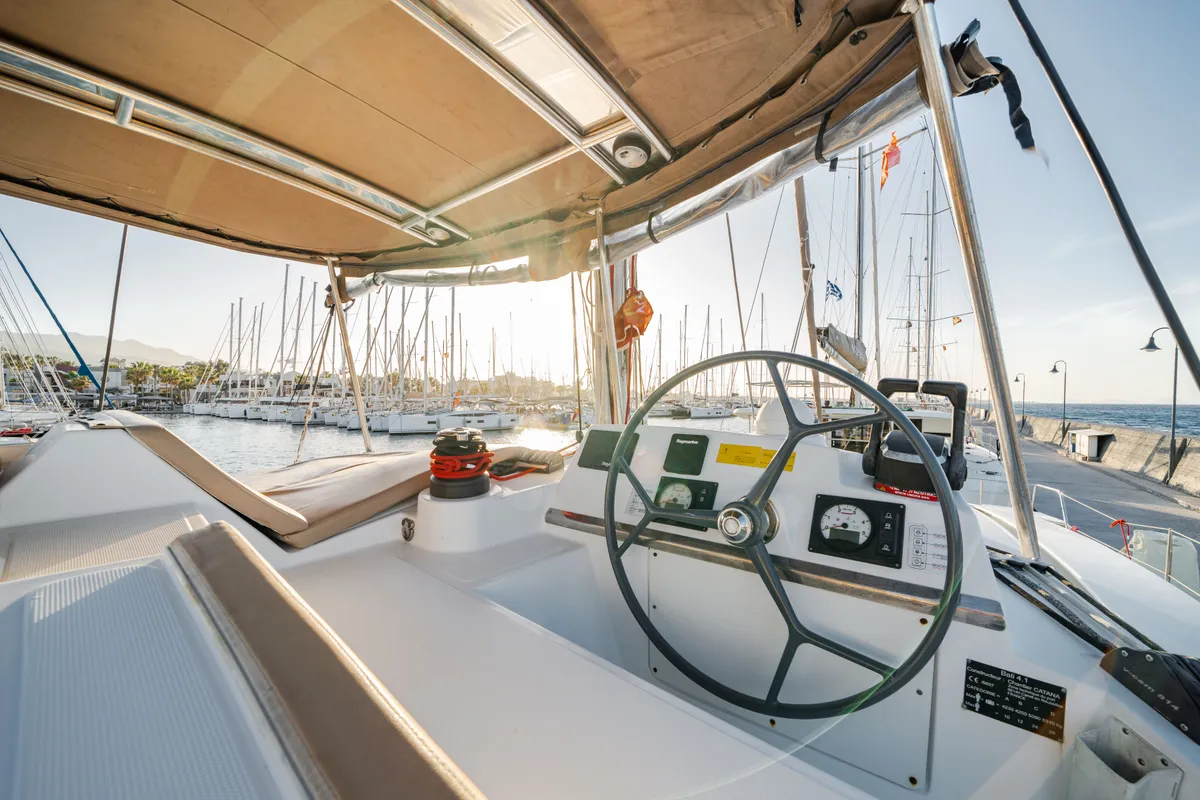 Salon of Fortuna II, a Bali 4.1 catamaran at Marpissa, Greece