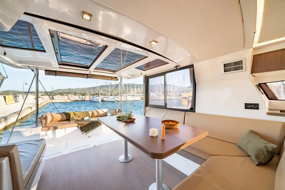 Deck of Fortuna II, a Bali 4.1 catamaran at Marpissa, Greece