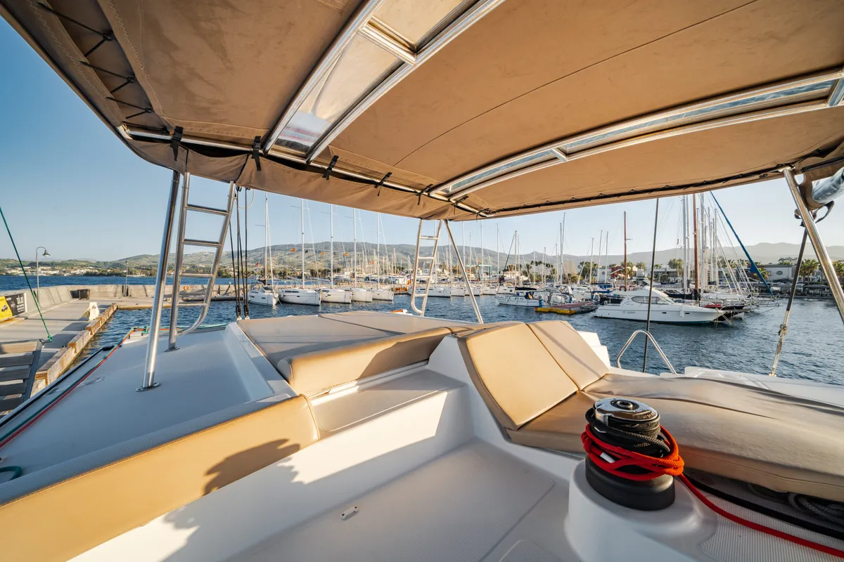 Head on Fortuna II, a Bali 4.1 catamaran at Marpissa, Greece