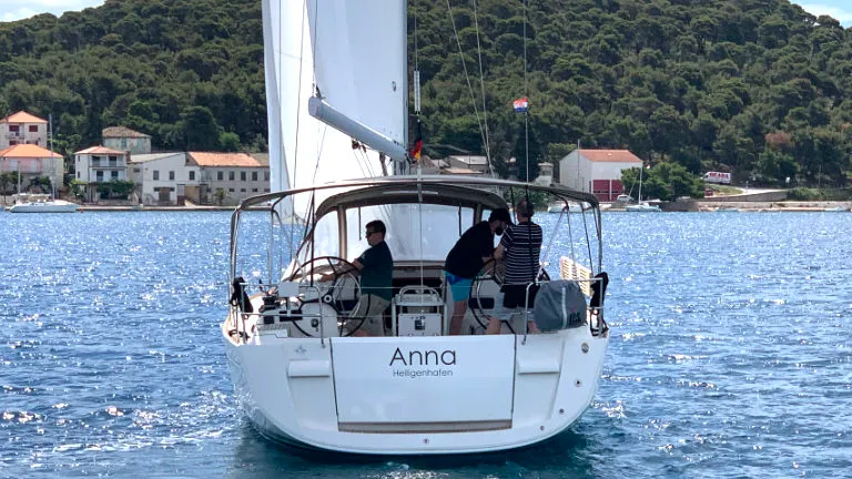 Exterior view of Anna, a Jeanneau Sun Odyssey 479 sailboat at Općina Rogoznica, Croatia
