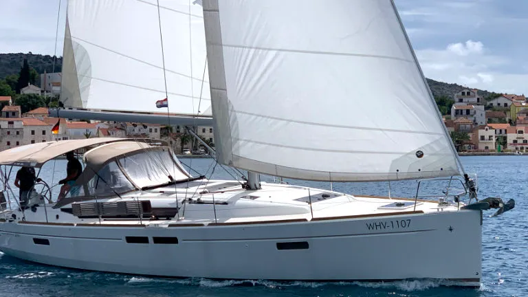 Exterior view of Anna, a Jeanneau Sun Odyssey 479 sailboat at Općina Rogoznica, Croatia