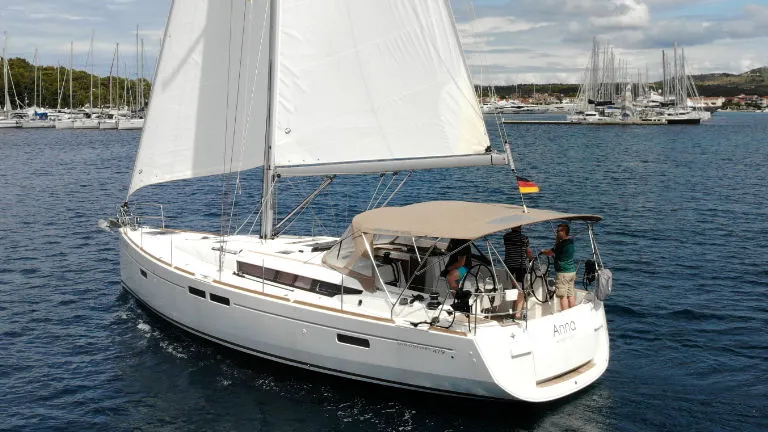 Exterior view of Anna, a Jeanneau Sun Odyssey 479 sailboat at Općina Rogoznica, Croatia
