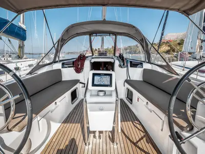 Cockpit of Fos, a Jeanneau Sun Odyssey 449 sailboat at Kontokali, Greece