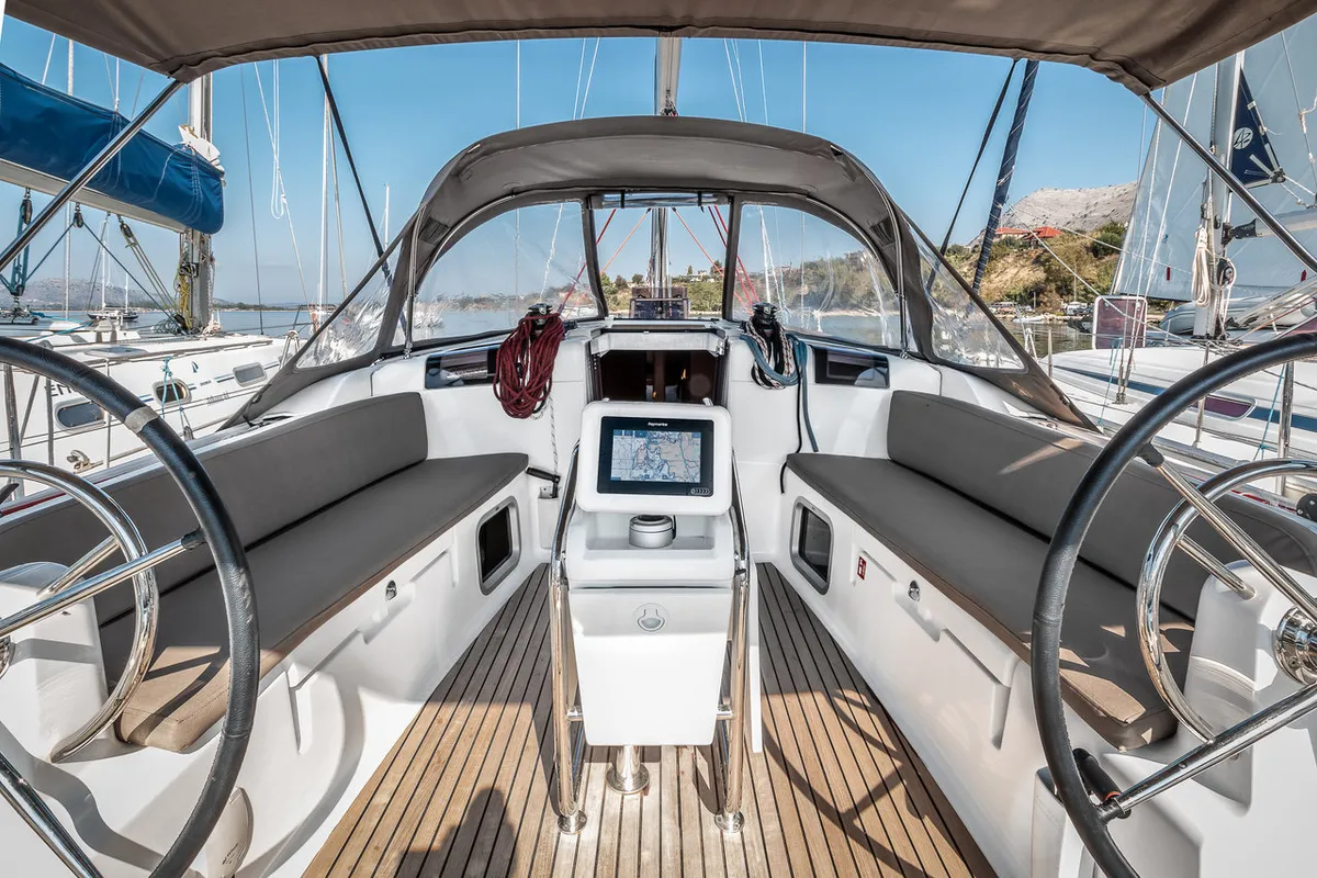 Cockpit of Fos, a Jeanneau Sun Odyssey 449 sailboat at Kontokali, Greece