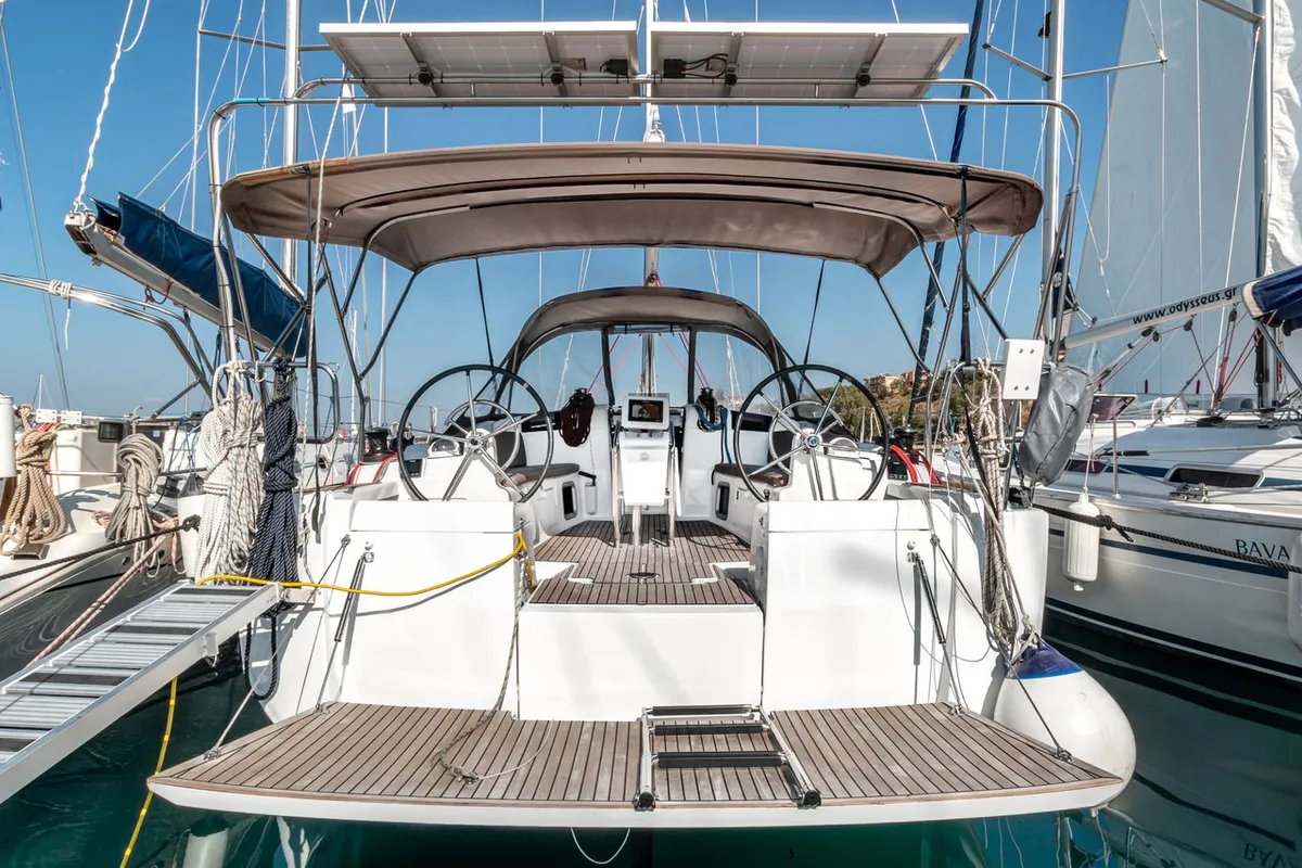 Cockpit of Fos, a Jeanneau Sun Odyssey 449 sailboat at Kontokali, Greece