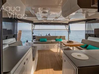 Deck of AQUA VITAE, a Lagoon 46 catamaran at Athens, Greece