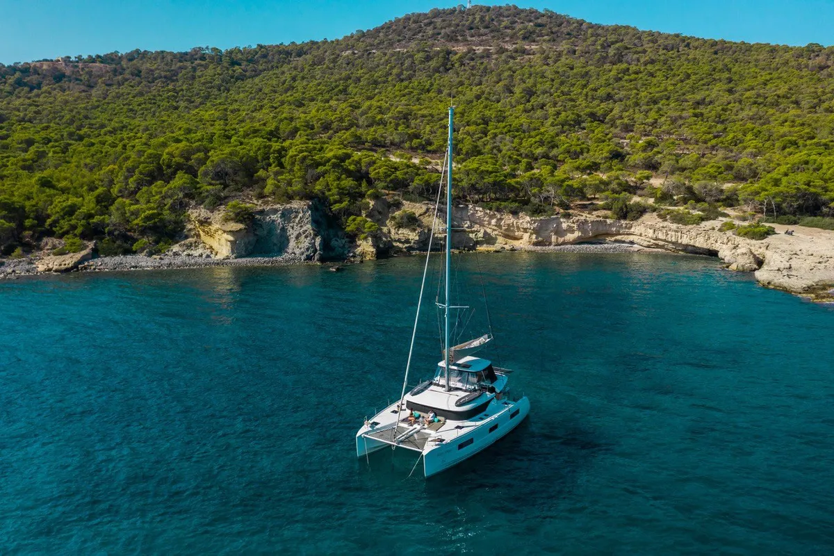 Exterior view of AQUA VITAE, a Lagoon 46 catamaran at Athens, Greece
