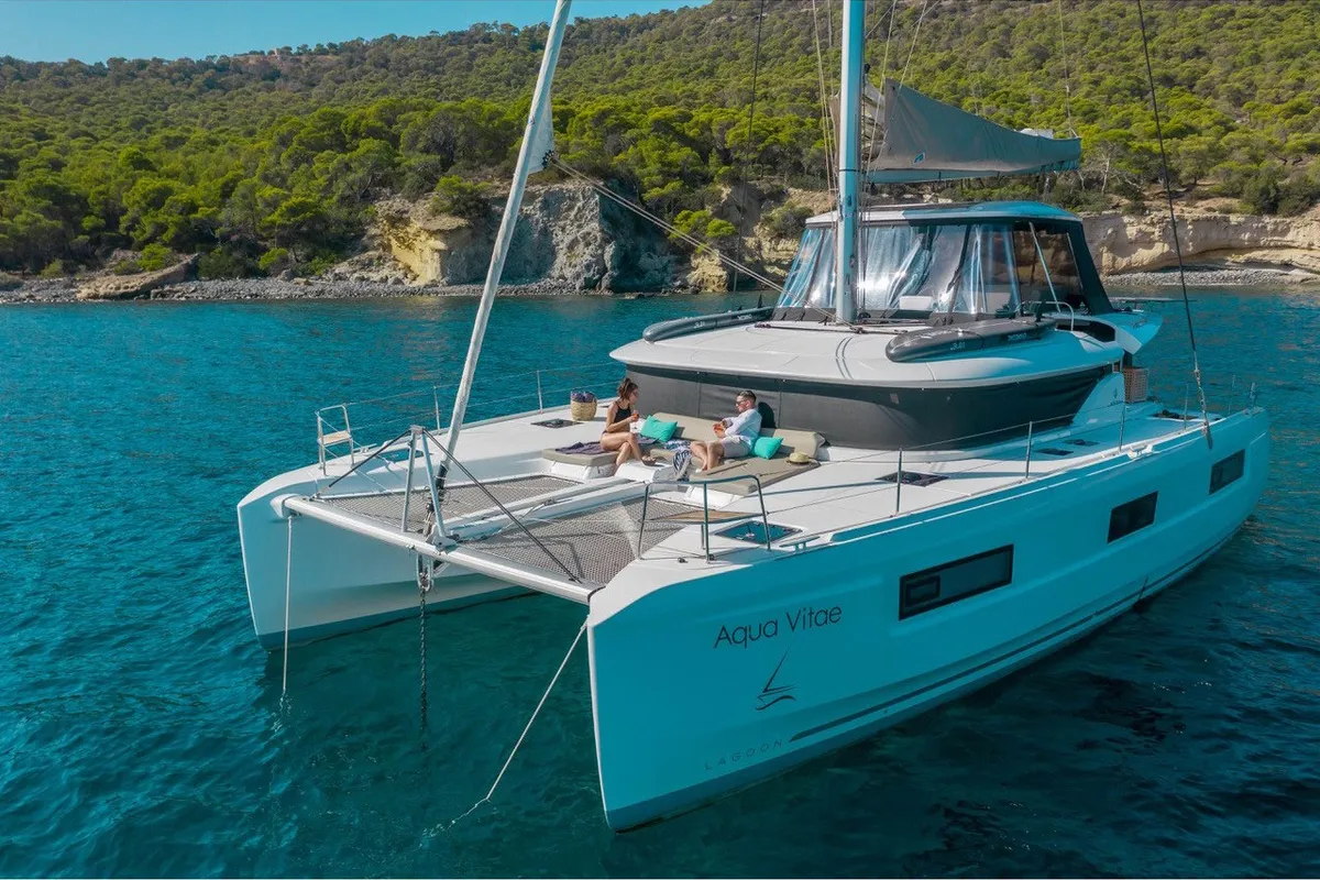 Exterior view of AQUA VITAE, a Lagoon 46 catamaran at Athens, Greece