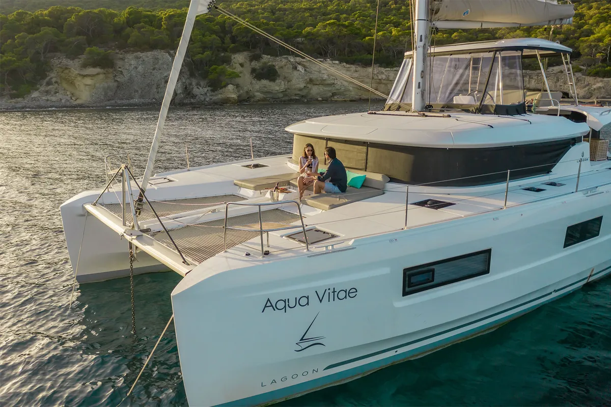 Deck of AQUA VITAE, a Lagoon 46 catamaran at Athens, Greece