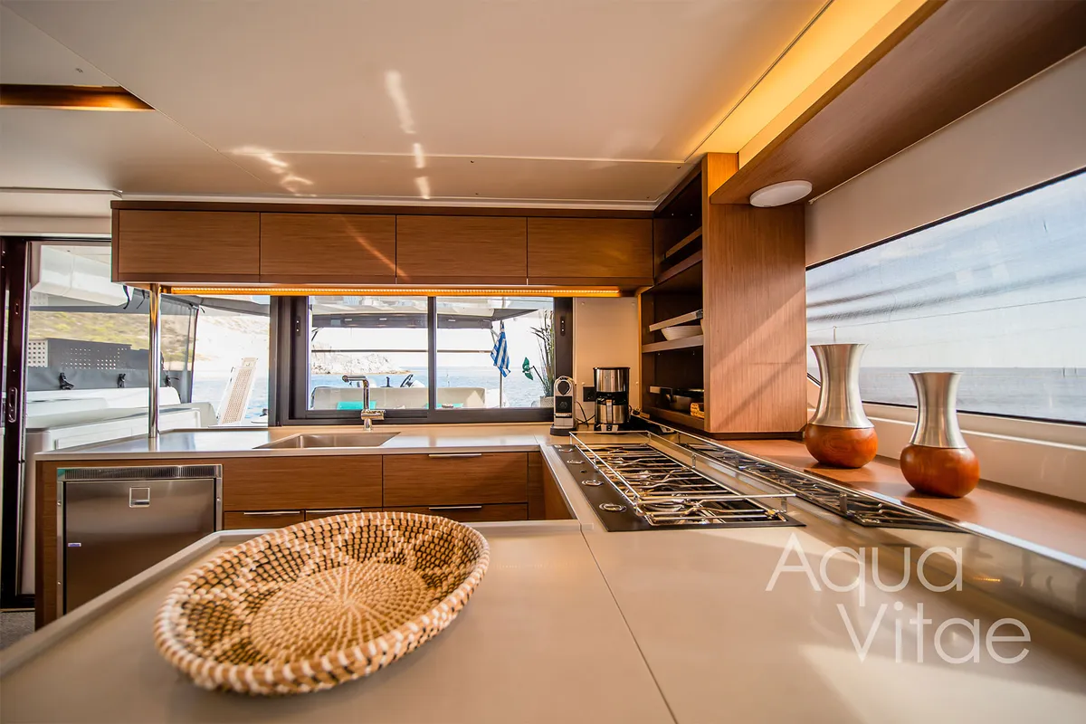 Galley of AQUA VITAE, a Lagoon 46 catamaran at Athens, Greece