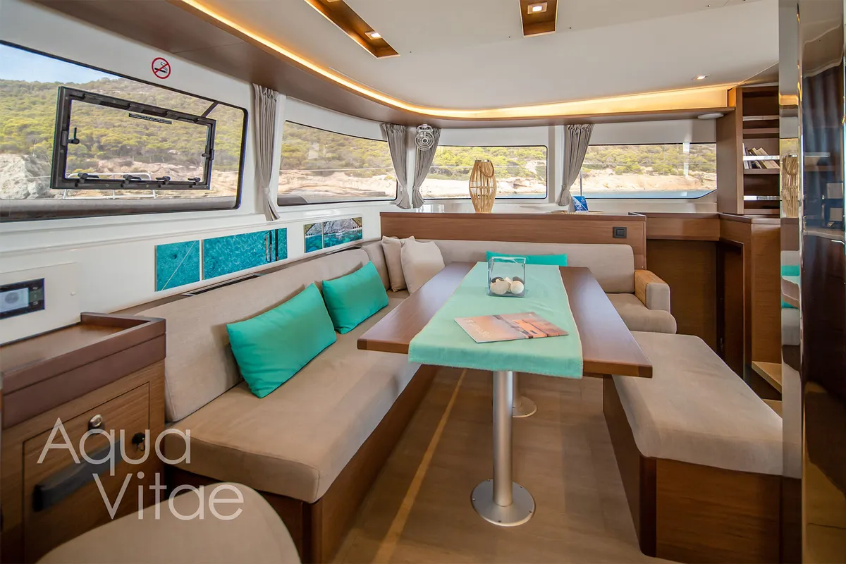 Salon of AQUA VITAE, a Lagoon 46 catamaran at Athens, Greece