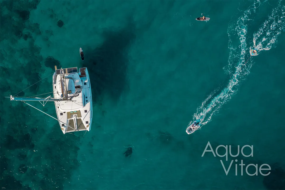 Exterior view of AQUA VITAE, a Lagoon 46 catamaran at Athens, Greece