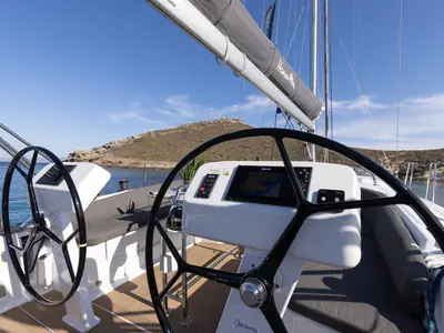 Cockpit of Kalimera, a Hanse 458 sailboat at Lavreotiki Municipal Unit, Greece