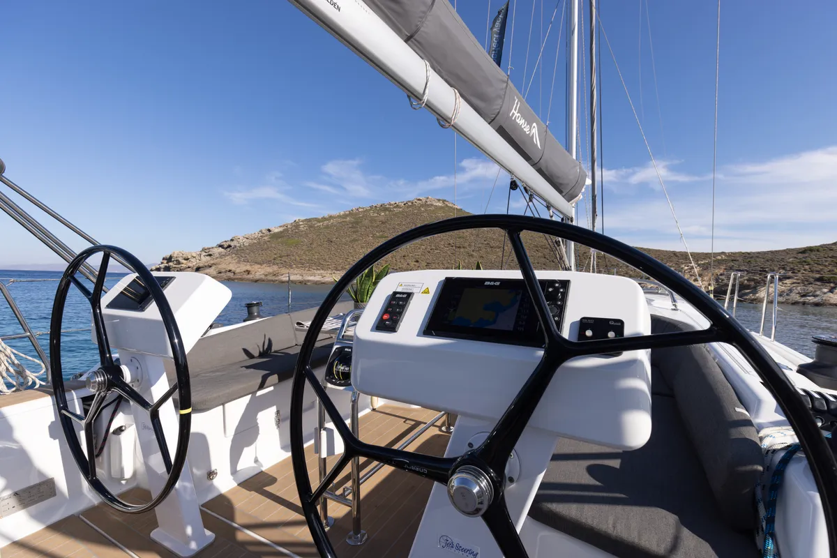 Cockpit of Kalimera, a Hanse 458 sailboat at Lavreotiki Municipal Unit, Greece