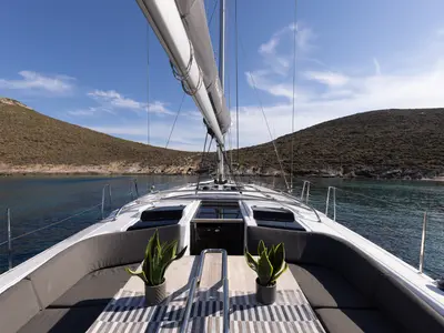 Deck of Kalimera, a Hanse 458 sailboat at Lavreotiki Municipal Unit, Greece