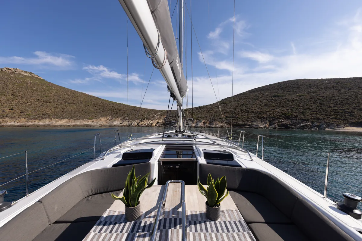 Deck of Kalimera, a Hanse 458 sailboat at Lavreotiki Municipal Unit, Greece
