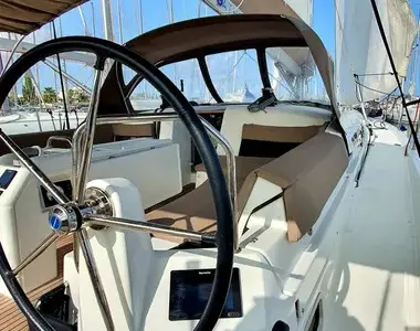 Cockpit of Dalion, a Jeanneau Sun Odyssey 490 sailboat at Kontokali, Greece