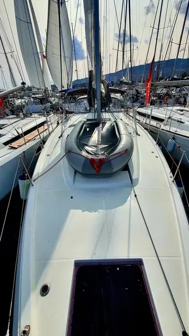 Deck of Dalion, a Jeanneau Sun Odyssey 490 sailboat at Kontokali, Greece