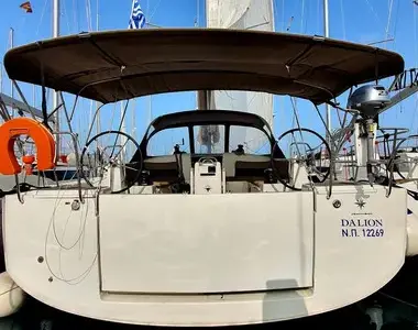Deck of Dalion, a Jeanneau Sun Odyssey 490 sailboat at Kontokali, Greece