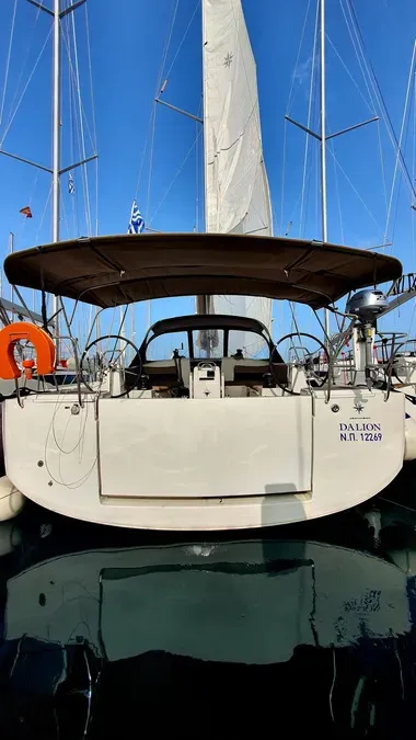 Deck of Dalion, a Jeanneau Sun Odyssey 490 sailboat at Kontokali, Greece