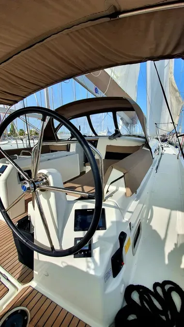 Cockpit of Dalion, a Jeanneau Sun Odyssey 490 sailboat at Kontokali, Greece