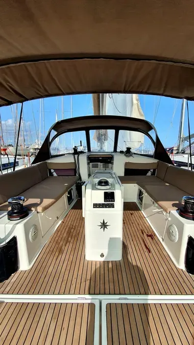 Cockpit of Dalion, a Jeanneau Sun Odyssey 490 sailboat at Kontokali, Greece
