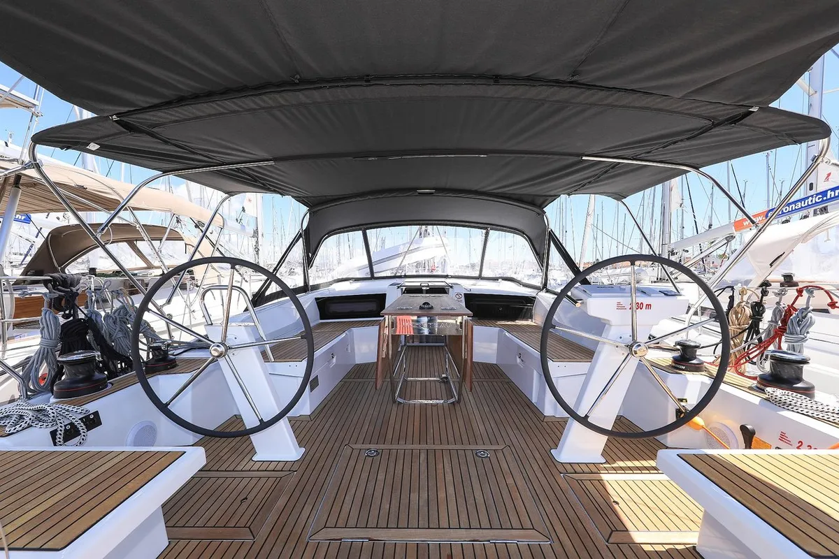 Cockpit of Speechless, a Beneteau Oceanis 46.1 sailboat at Grad Biograd na Moru, Croatia
