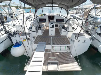Cockpit of free elli, a Jeanneau Sun Odyssey 440 sailboat at Felanitx, Spain