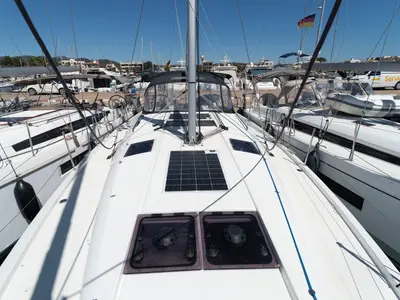 Deck of free elli, a Jeanneau Sun Odyssey 440 sailboat at Felanitx, Spain