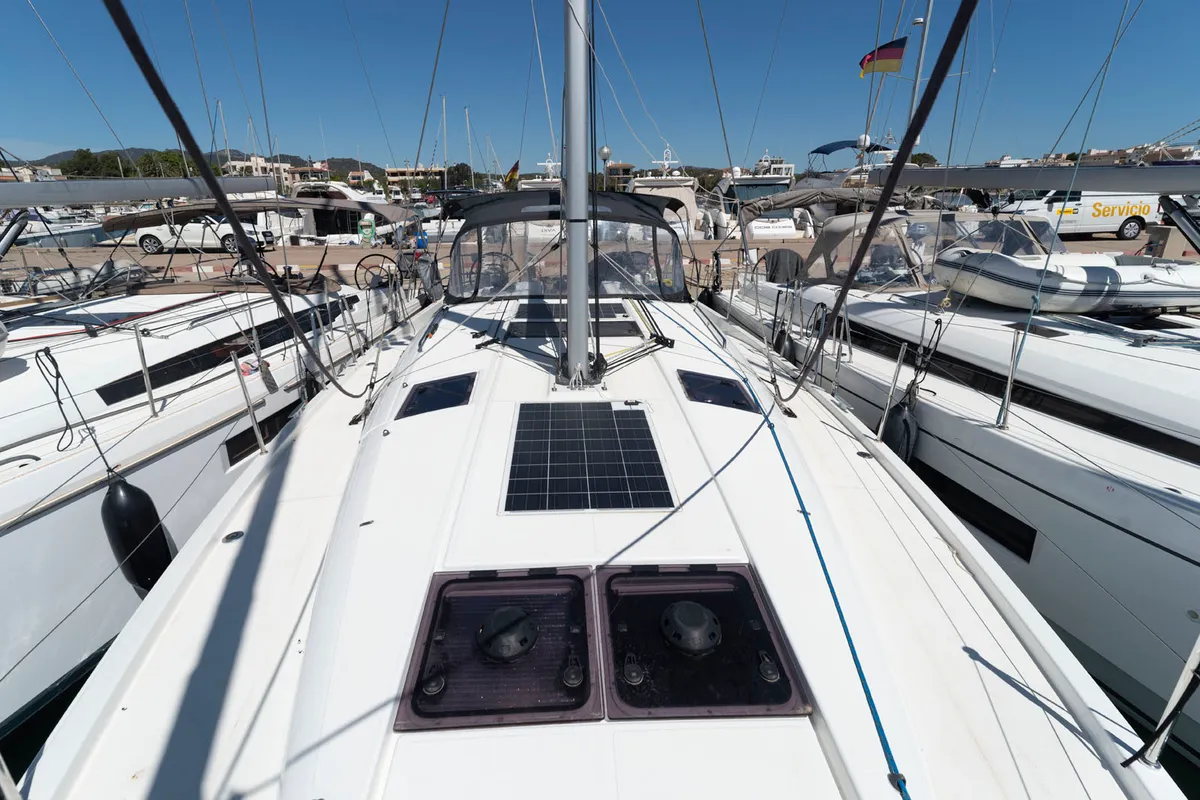 Deck of free elli, a Jeanneau Sun Odyssey 440 sailboat at Felanitx, Spain
