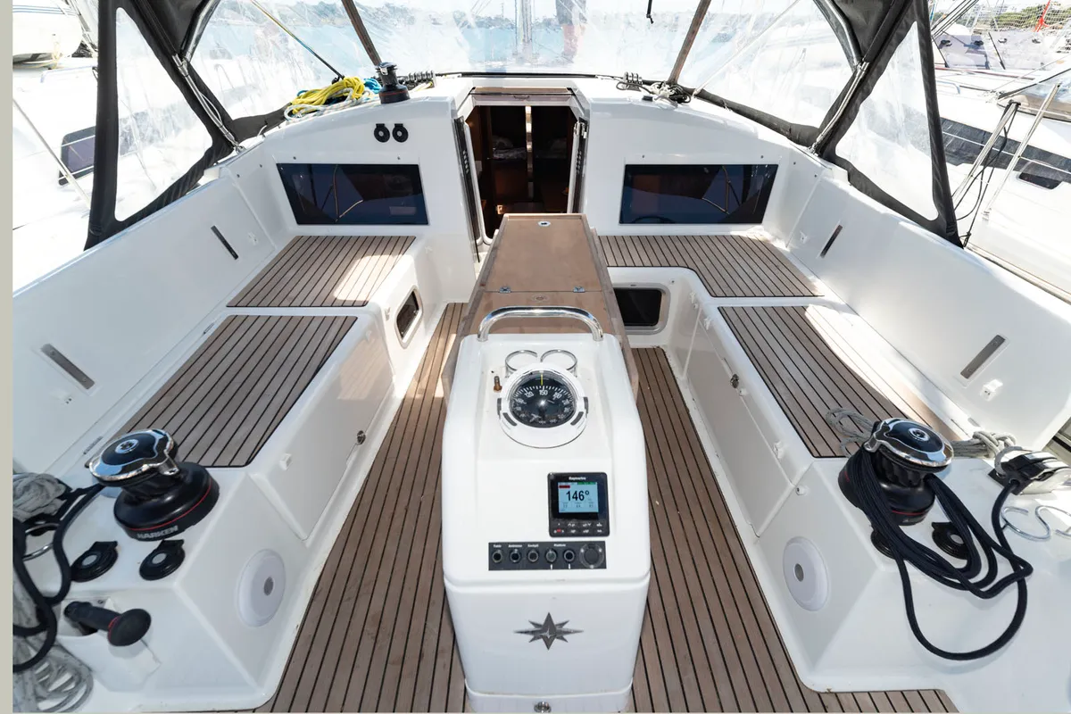 Cockpit of free elli, a Jeanneau Sun Odyssey 440 sailboat at Felanitx, Spain
