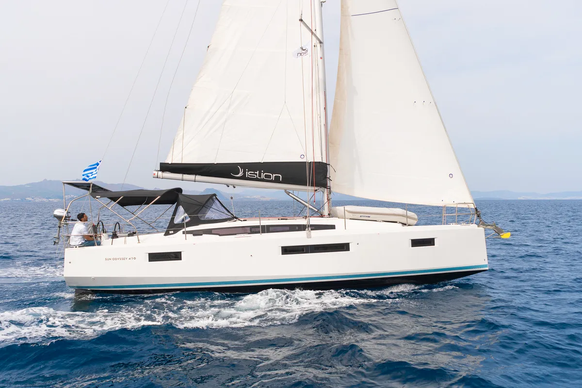 Exterior view of Nami, a Jeanneau Sun Odyssey 410 sailboat at Kos, Greece