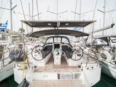 Cockpit of Nami, a Jeanneau Sun Odyssey 410 sailboat at Kos, Greece